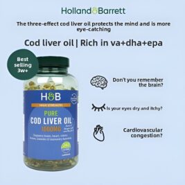 Hoberi HB British Cod Liver Oil Omega-3 Protects Heart, brain and Eyes DHA+EPA Brain Vitality Vitamin A Vitamin D
